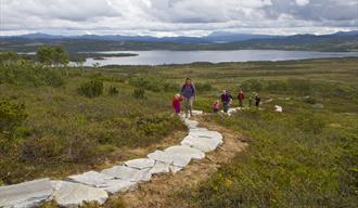 group of adults and children walking on the sherpastie