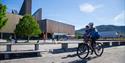 cycling past the Book & Blues House in Notodden