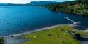 drone photo of the swimming area at lake Follsjøen in Notodden