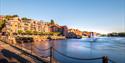 Langbrygga in Skien and the telemark canal with fountains