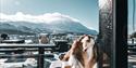 view towards Gaustatoppen from the terrace of Gaustablikk Fjellresort in winter
