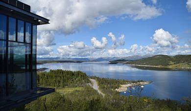 View from the terrace at Hardangervidda National Park Center over lake Møsvatn