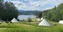 the glamping tents on Lystang Glamping with a good distance to each other and a view of the water