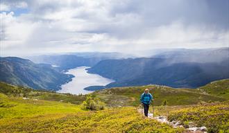 lady walking on mount Skorve with a view of seljordvatn