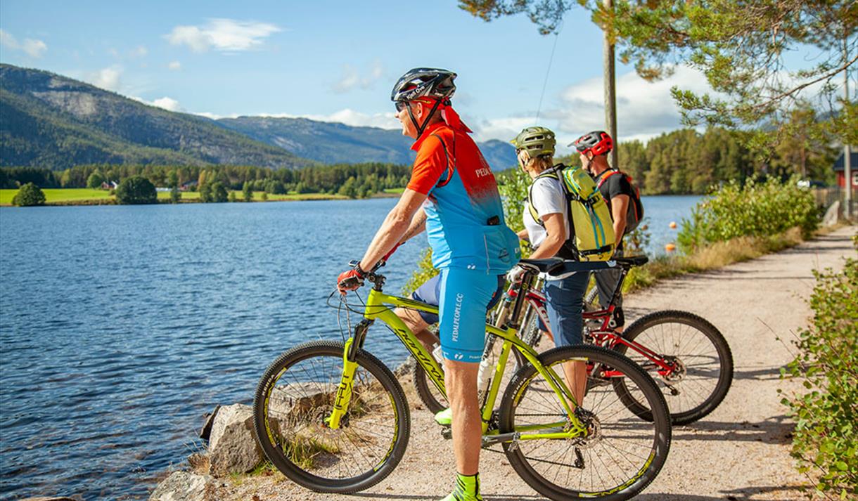 cyclists stand by the water in Vrådal
